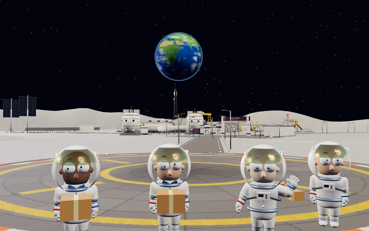 Misión Mudanza a la Luna: Dos astronautas se mudan a la base lunar con sus cajas. Los suegros vienen a ver el piso.