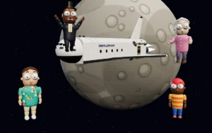 Vuelta a la Luna: pasajeros flotando junto a la lanzadera delante de la Luna